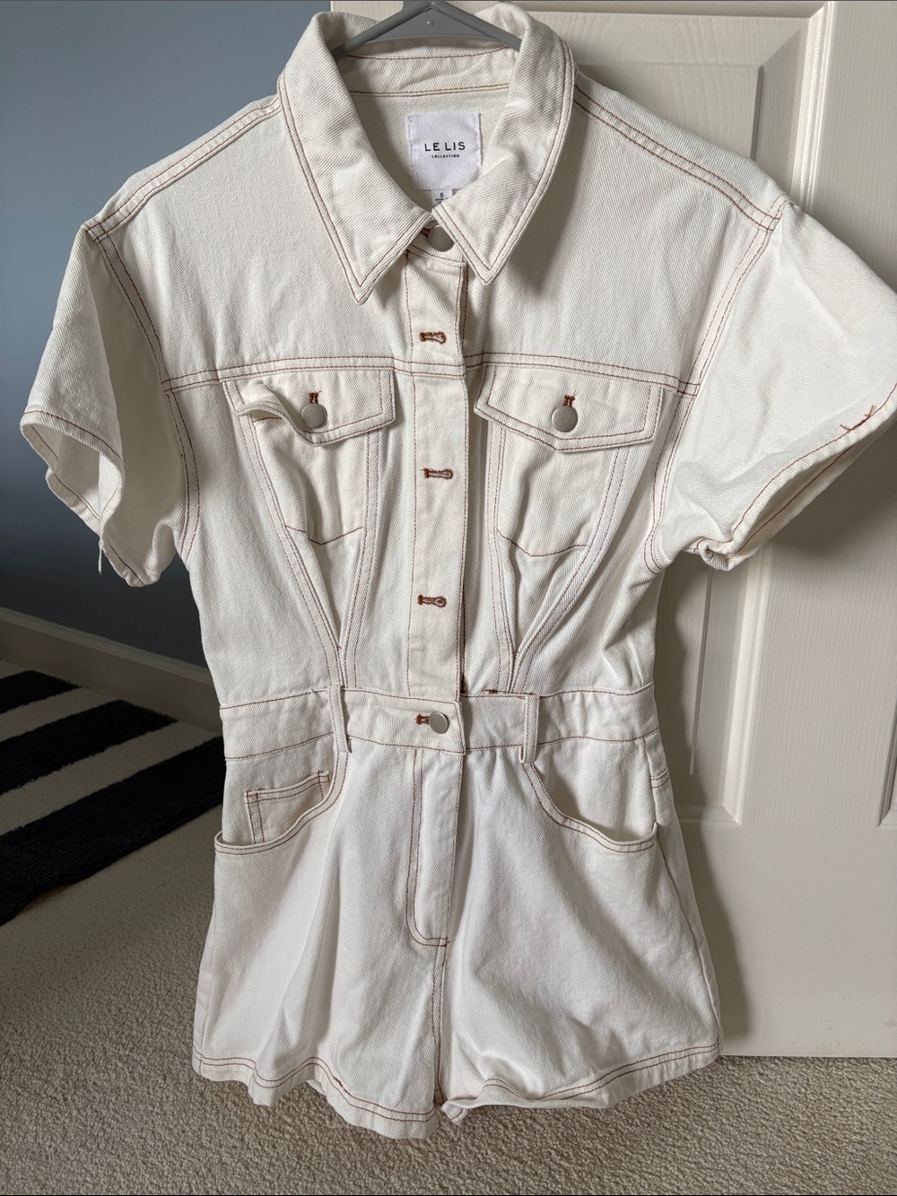 Le Lis White Denim Short Sleeve Romper with Contrast Stitching
